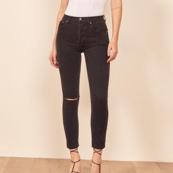 Reformation Serena High Waisted Skinny Crop Faded Black Destroyed Jeans Size 26 - Picture 1 of 12